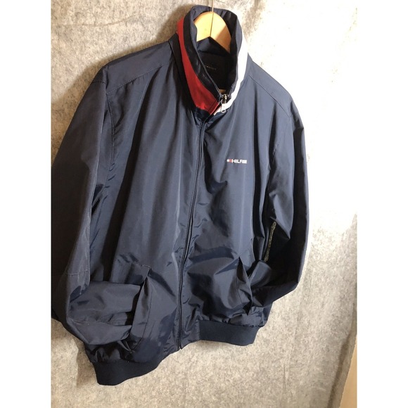 Tommy Hilfiger Jacket Men Medium Blue Full Zip Windbreaker Coat Hideaway Hood - Picture 3 of 8